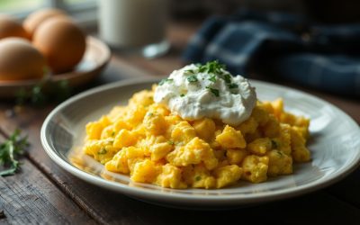 High-protein scrambled eggs topped with cottage cheese